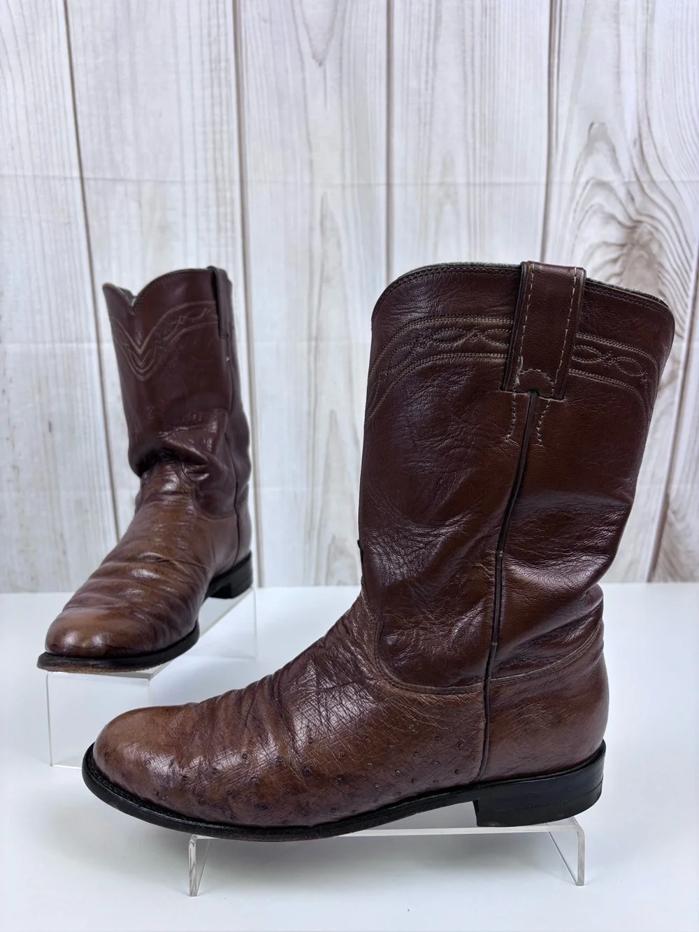 Vintage Justin Boots Smooth Quill Ostrich Leather Western Roper Cowboy Brown 9B - Picture 1 of 14
